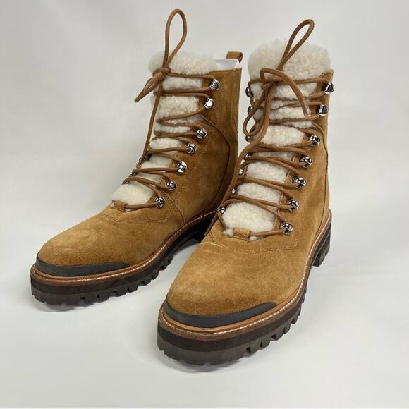 Marc Fisher 9 mlizzie Lizzie Shearling Winter Boots Women brown leather lug - Picture 1 of 11